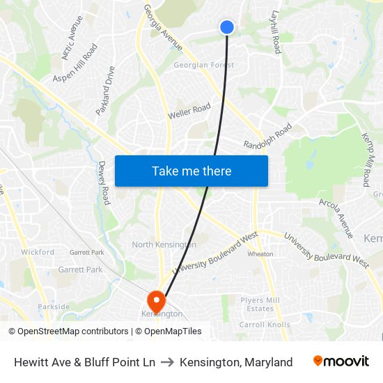 Hewitt Ave & Bluff Point Ln to Kensington, Maryland map