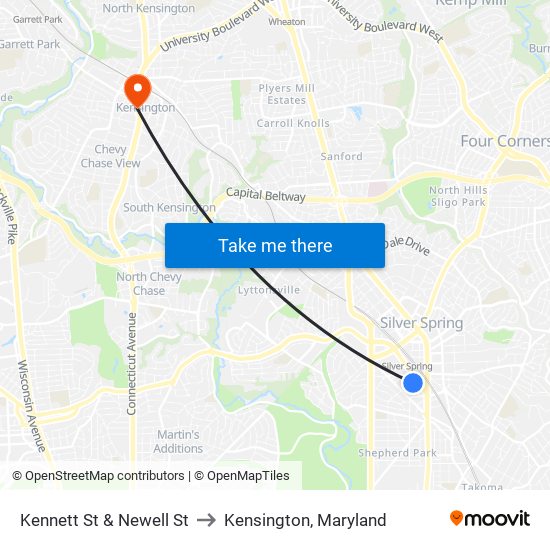 Kennett St & Newell St to Kensington, Maryland map