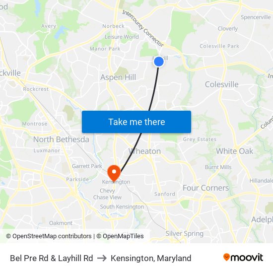 Bel Pre Rd & Layhill Rd to Kensington, Maryland map