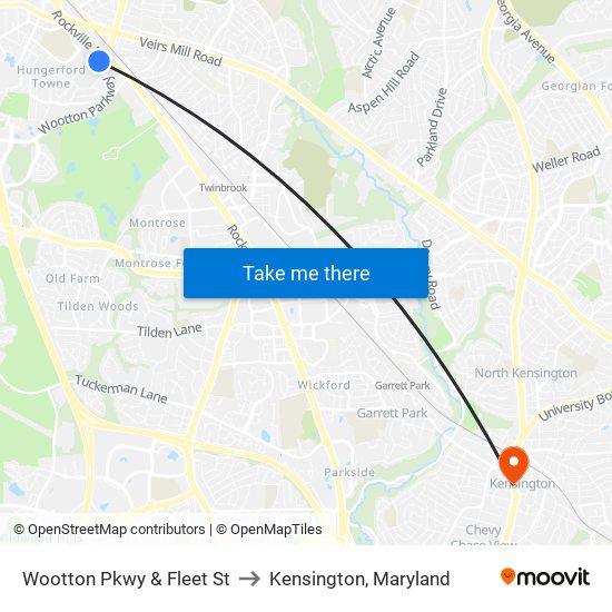 Wootton Pkwy & Fleet St to Kensington, Maryland map