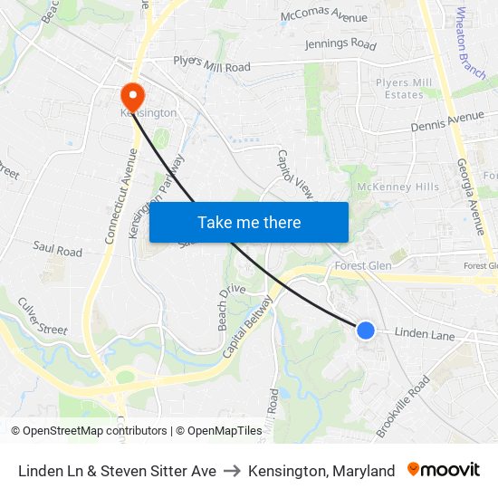 Linden Ln & Steven Sitter Ave to Kensington, Maryland map