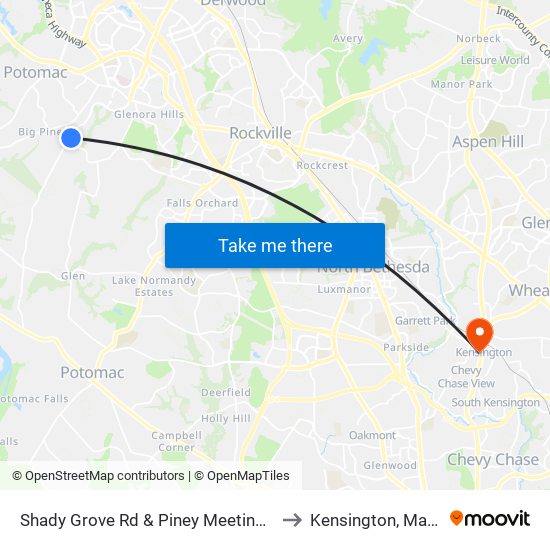 Shady Grove Rd & Piney Meetinghouse Rd to Kensington, Maryland map