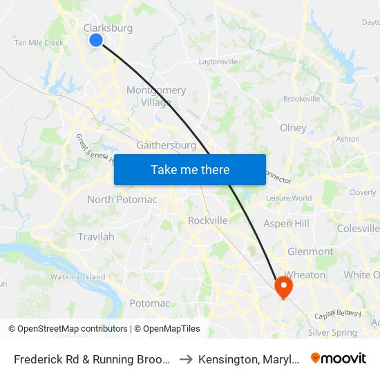 Frederick Rd & Running Brook Dr to Kensington, Maryland map