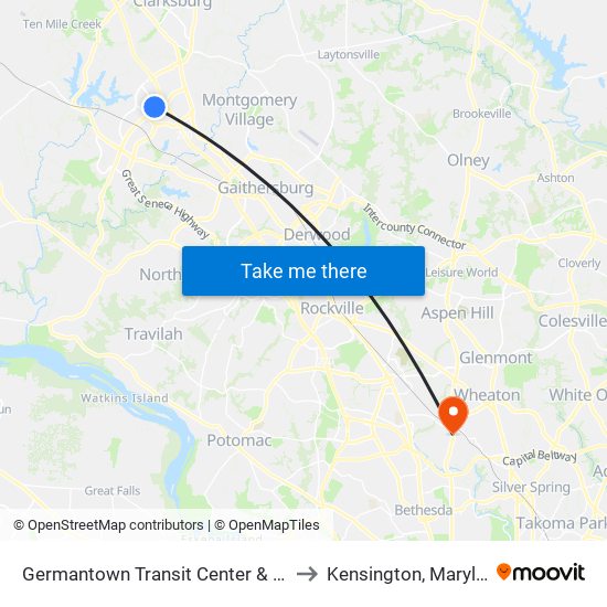 Germantown Transit Center & Bay F to Kensington, Maryland map