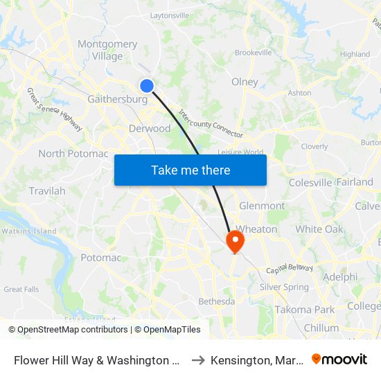 Flower Hill Way & Washington Grove Ln to Kensington, Maryland map