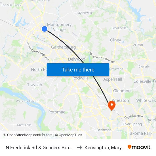 N Frederick Rd & Gunners Branch Rd to Kensington, Maryland map