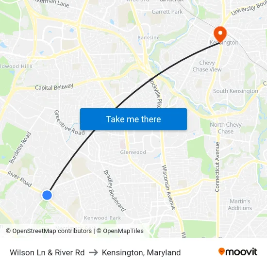 Wilson Ln & River Rd to Kensington, Maryland map
