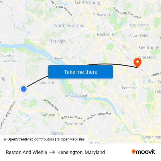 Reston And Wiehle to Kensington, Maryland map