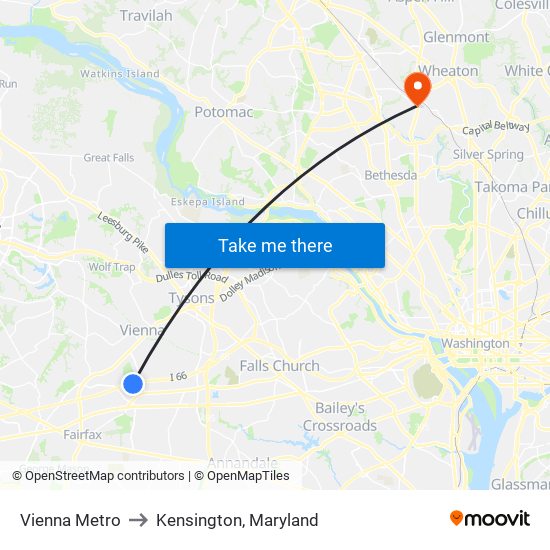 Vienna Metro to Kensington, Maryland map