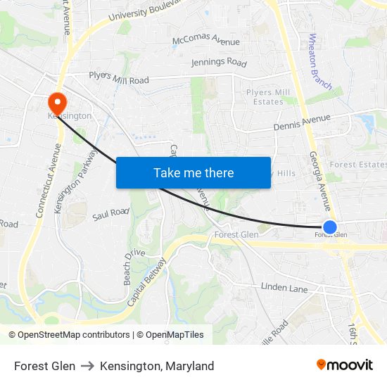 Forest Glen to Kensington, Maryland map