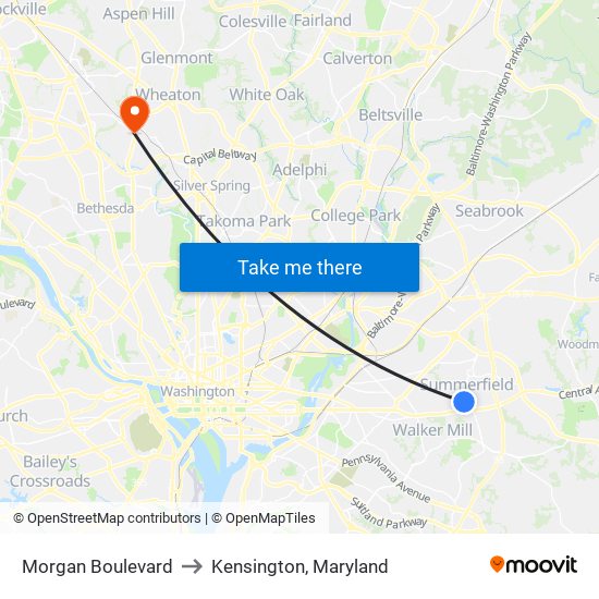 Morgan Boulevard to Kensington, Maryland map