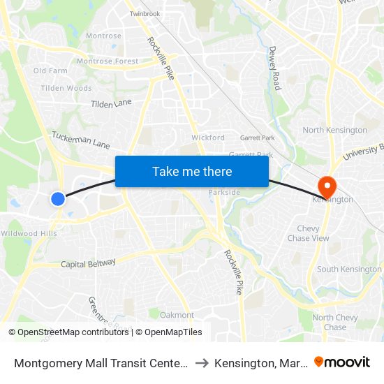 Montgomery Mall Transit Center & Bay E to Kensington, Maryland map