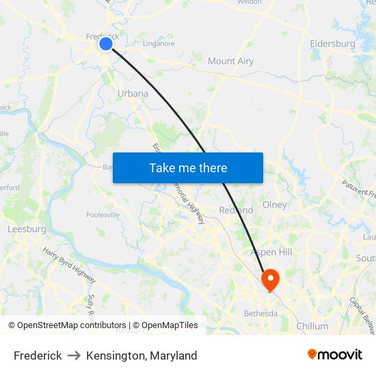 Frederick to Kensington, Maryland map