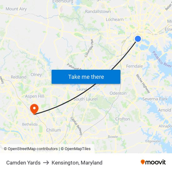 Camden Yards to Kensington, Maryland map