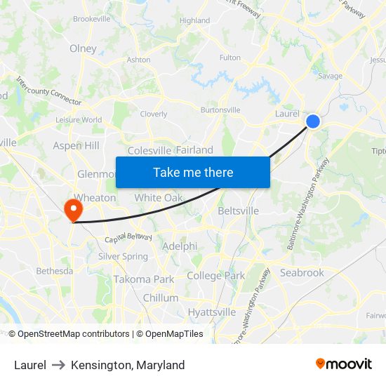 Laurel to Kensington, Maryland map