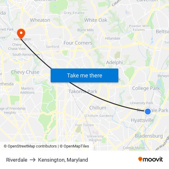 Riverdale to Kensington, Maryland map