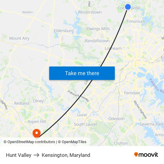 Hunt Valley to Kensington, Maryland map