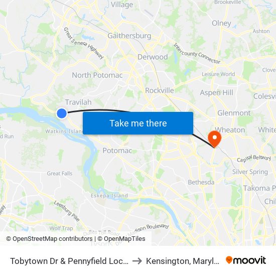 Tobytown Dr & Pennyfield Lock Ln to Kensington, Maryland map