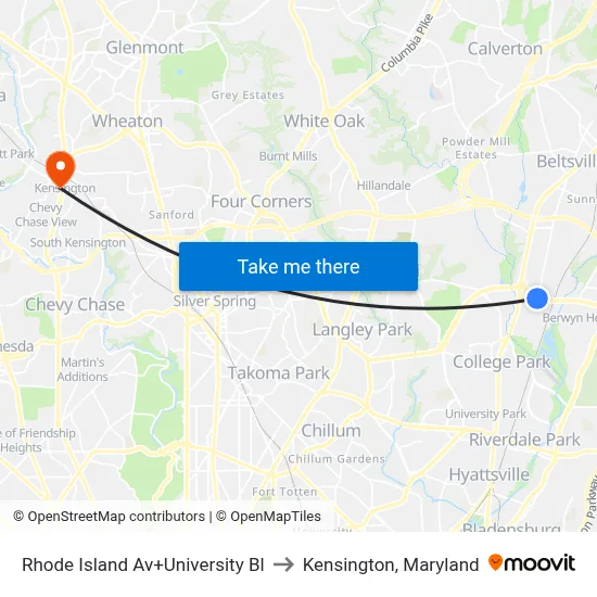 Rhode Island Av+University Bl to Kensington, Maryland map