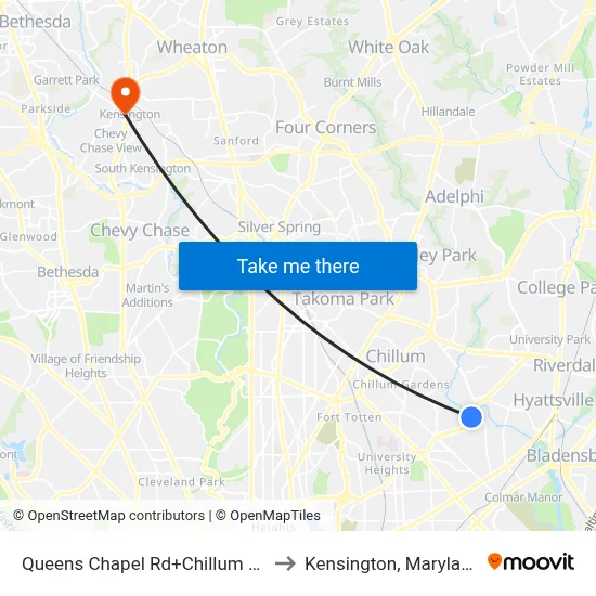 Queens Chapel Rd+Chillum Rd to Kensington, Maryland map