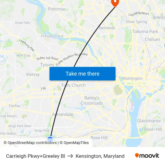 Carrleigh Pkwy+Greeley Bl to Kensington, Maryland map
