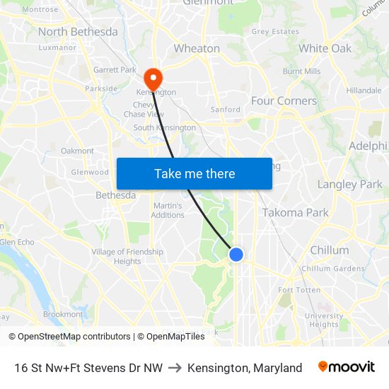 16 St Nw+Ft Stevens Dr NW to Kensington, Maryland map