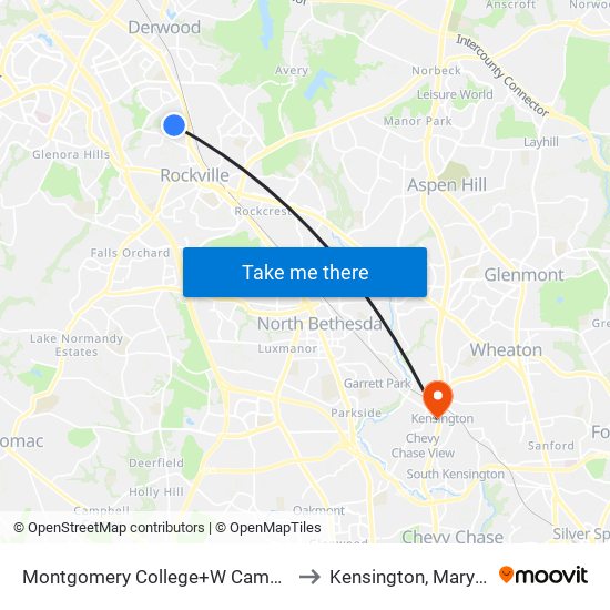 Montgomery College+W Campus Dr to Kensington, Maryland map