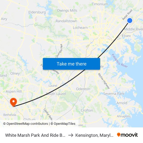 White Marsh Park And Ride Bay 1 to Kensington, Maryland map