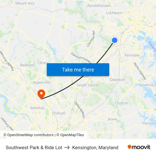 Southwest Park & Ride Lot to Kensington, Maryland map