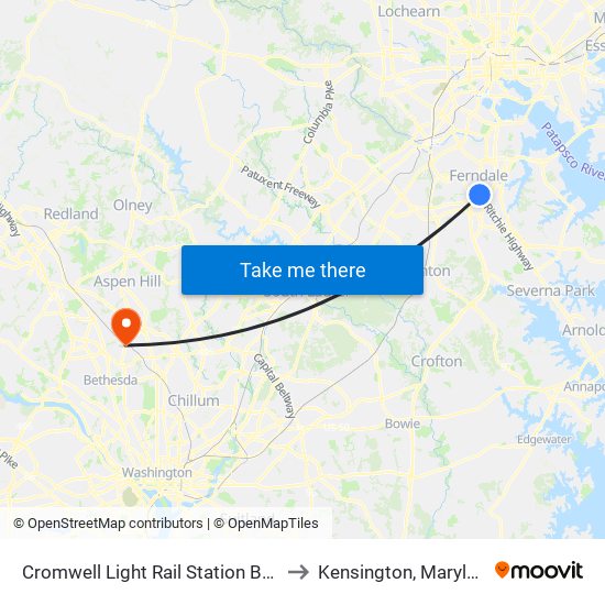 Cromwell Light Rail Station Bay 1 to Kensington, Maryland map