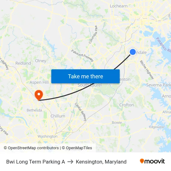 Bwi Long Term Parking A to Kensington, Maryland map