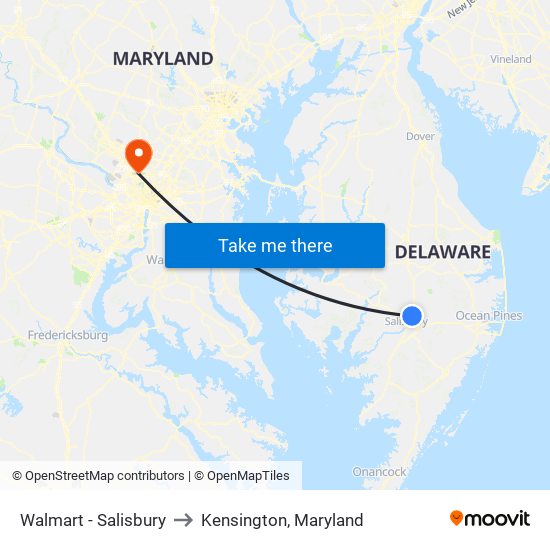 Walmart - Salisbury to Kensington, Maryland map