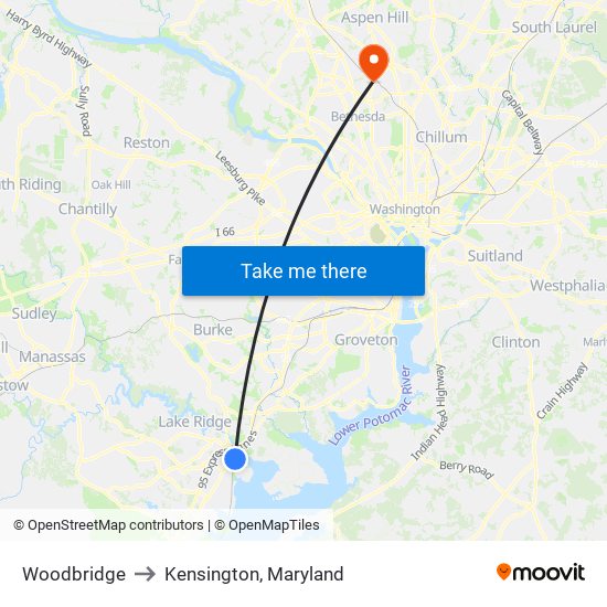 Woodbridge to Kensington, Maryland map