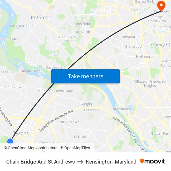 Chain Bridge And St Andrews to Kensington, Maryland map