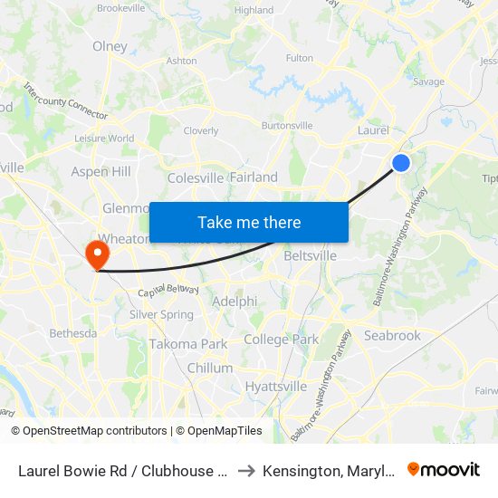 Laurel Bowie Rd / Clubhouse Blvd to Kensington, Maryland map