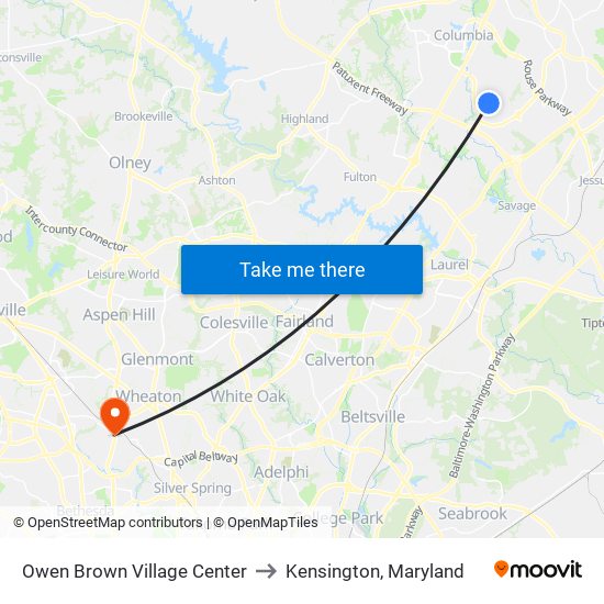 Owen Brown Village Center to Kensington, Maryland map