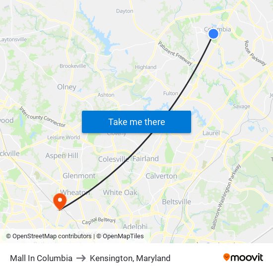 Mall In Columbia to Kensington, Maryland map