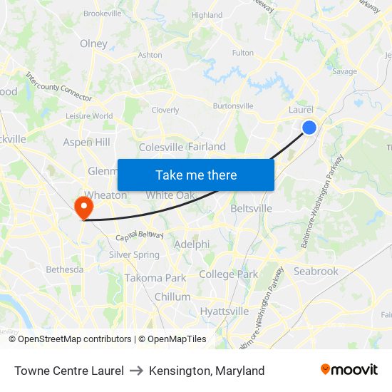 Towne Centre Laurel to Kensington, Maryland map