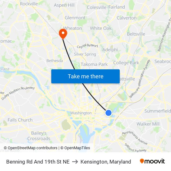 Benning Rd And 19th St NE to Kensington, Maryland map