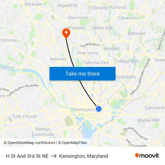 H St And 3rd St NE to Kensington, Maryland map