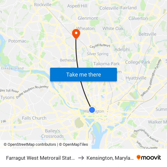 Farragut West  Metrorail Station to Kensington, Maryland map