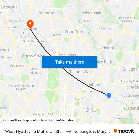 West Hyattsville Metrorail Station to Kensington, Maryland map
