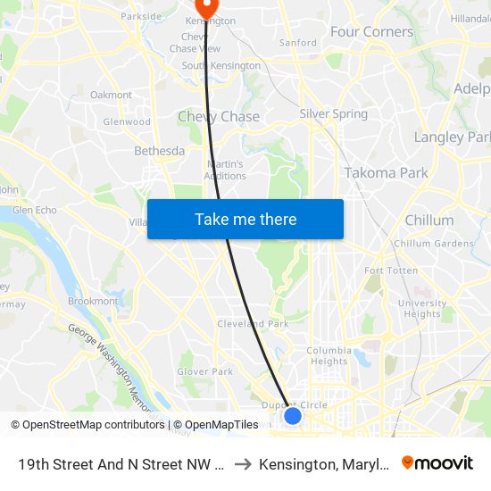 19th Street And N Street NW (Sb) to Kensington, Maryland map