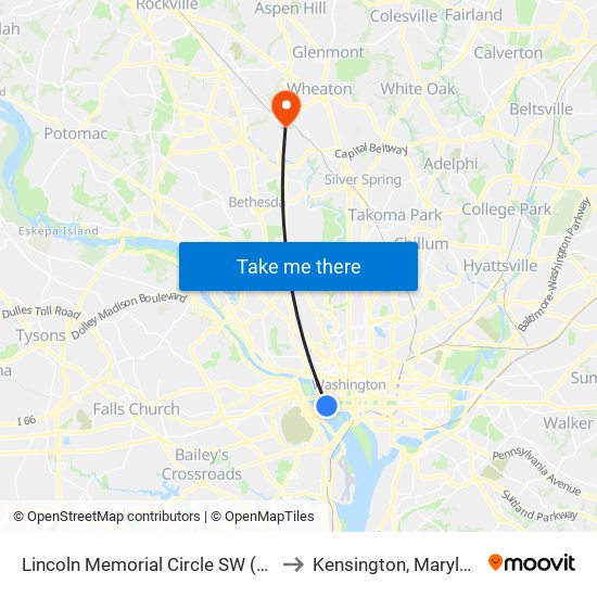 Lincoln Memorial Circle SW (Wb) to Kensington, Maryland map