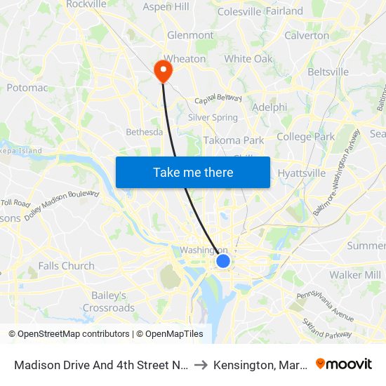 Madison Drive And 4th Street NW (Wb) to Kensington, Maryland map