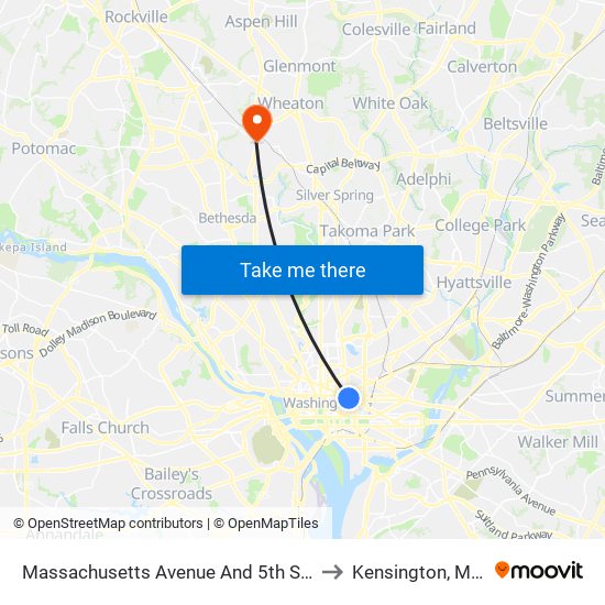 Massachusetts Avenue And 5th Street NW (Eb) to Kensington, Maryland map