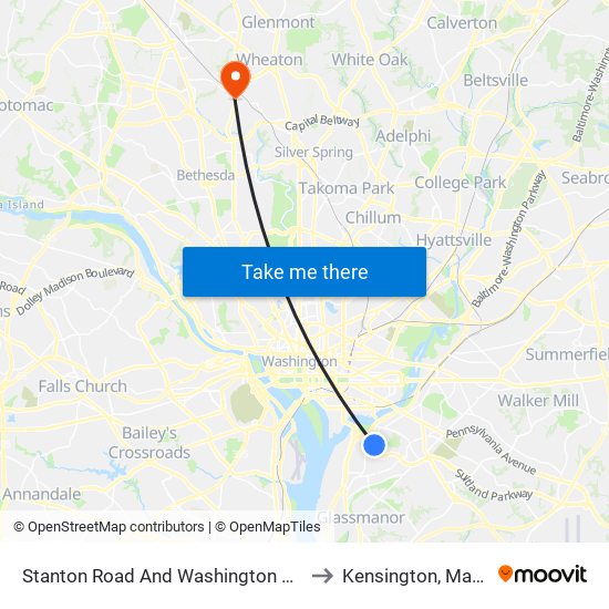 Stanton Road And Washington View Apts to Kensington, Maryland map