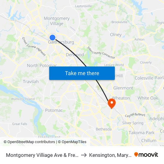 Montgomery Villiage Ave & Frederick to Kensington, Maryland map