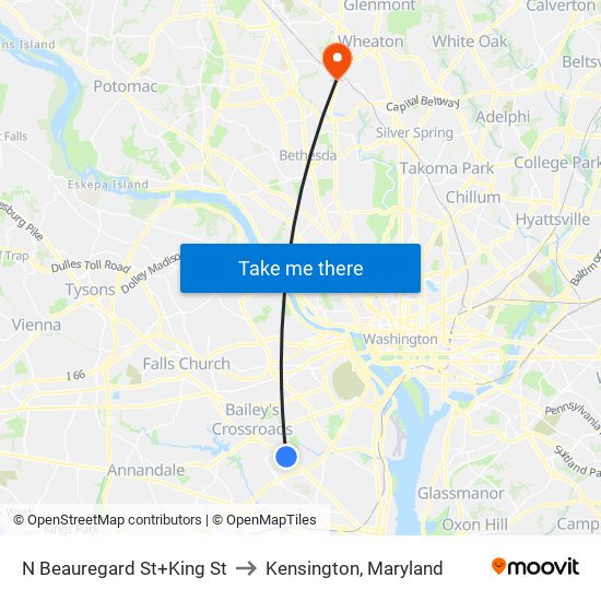 N Beauregard St+King St to Kensington, Maryland map