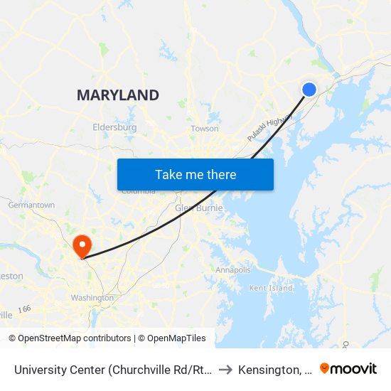 University Center (Churchville Rd/Rt 22 & Technology Dr) to Kensington, Maryland map